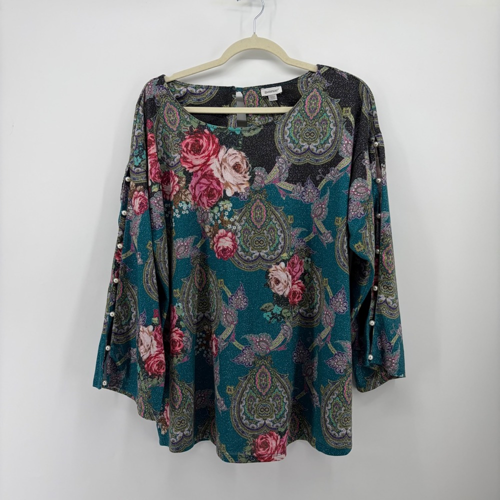 Avenue Womens 18/20 Teal Paisley Floral Shimmer Split Pearl Sleeve Top